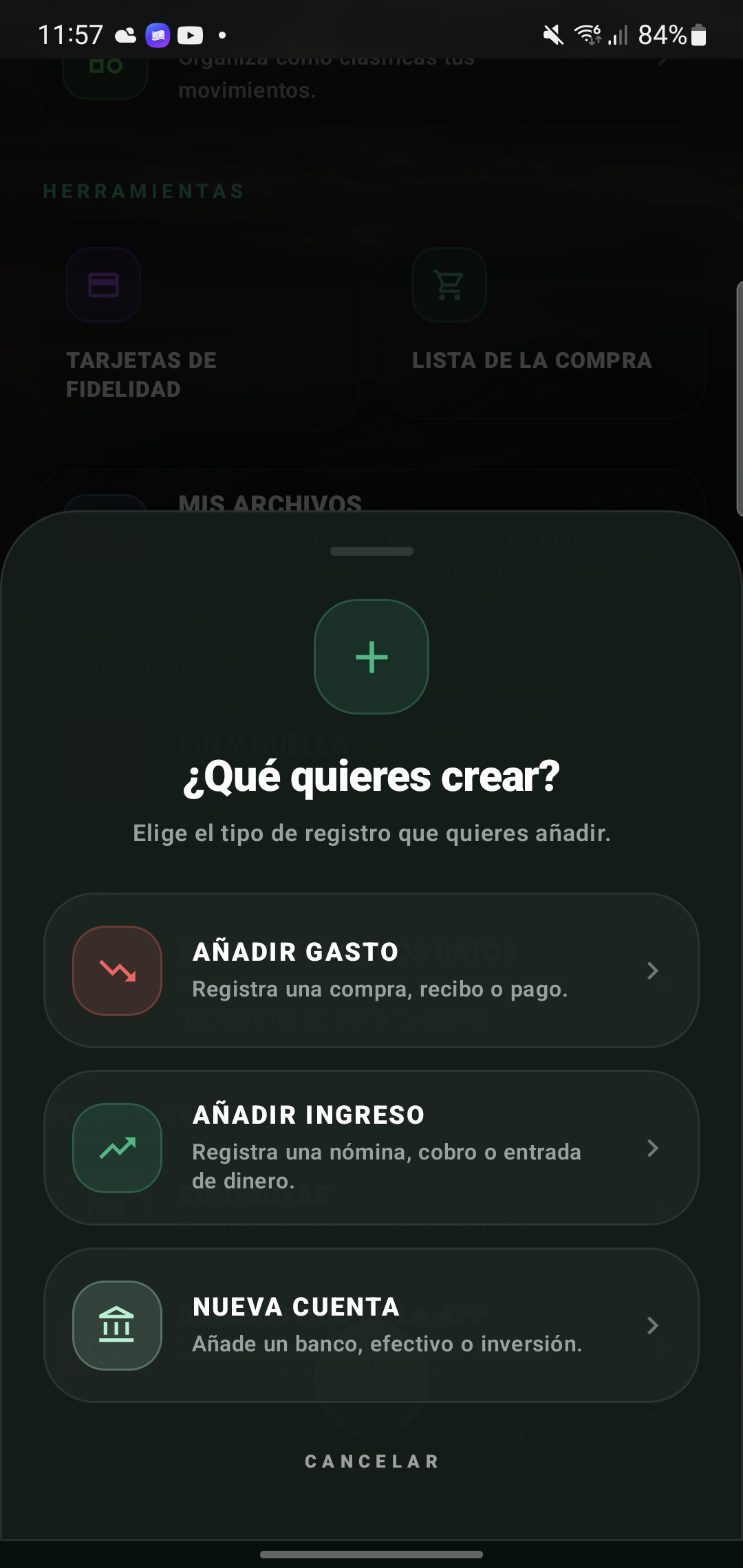 Selector de acciones de Finantzak en Android