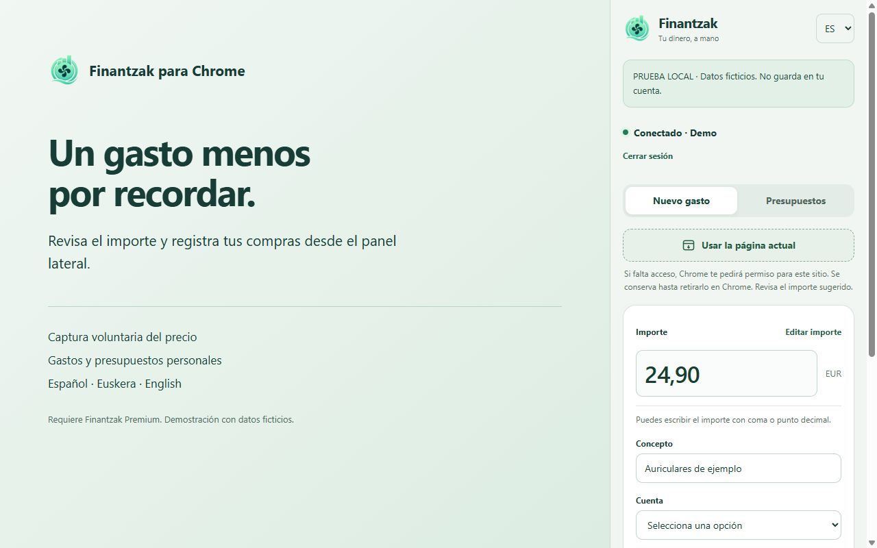 Interfaz de Finantzak para Chrome con datos de demostración
