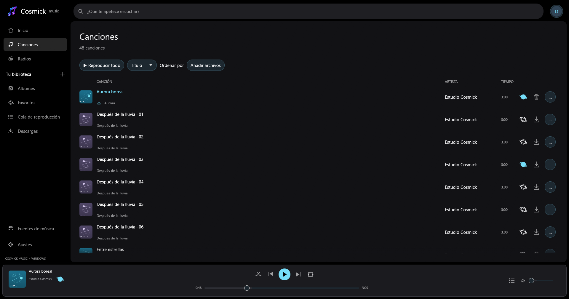 Vista de canciones de Cosmick Music