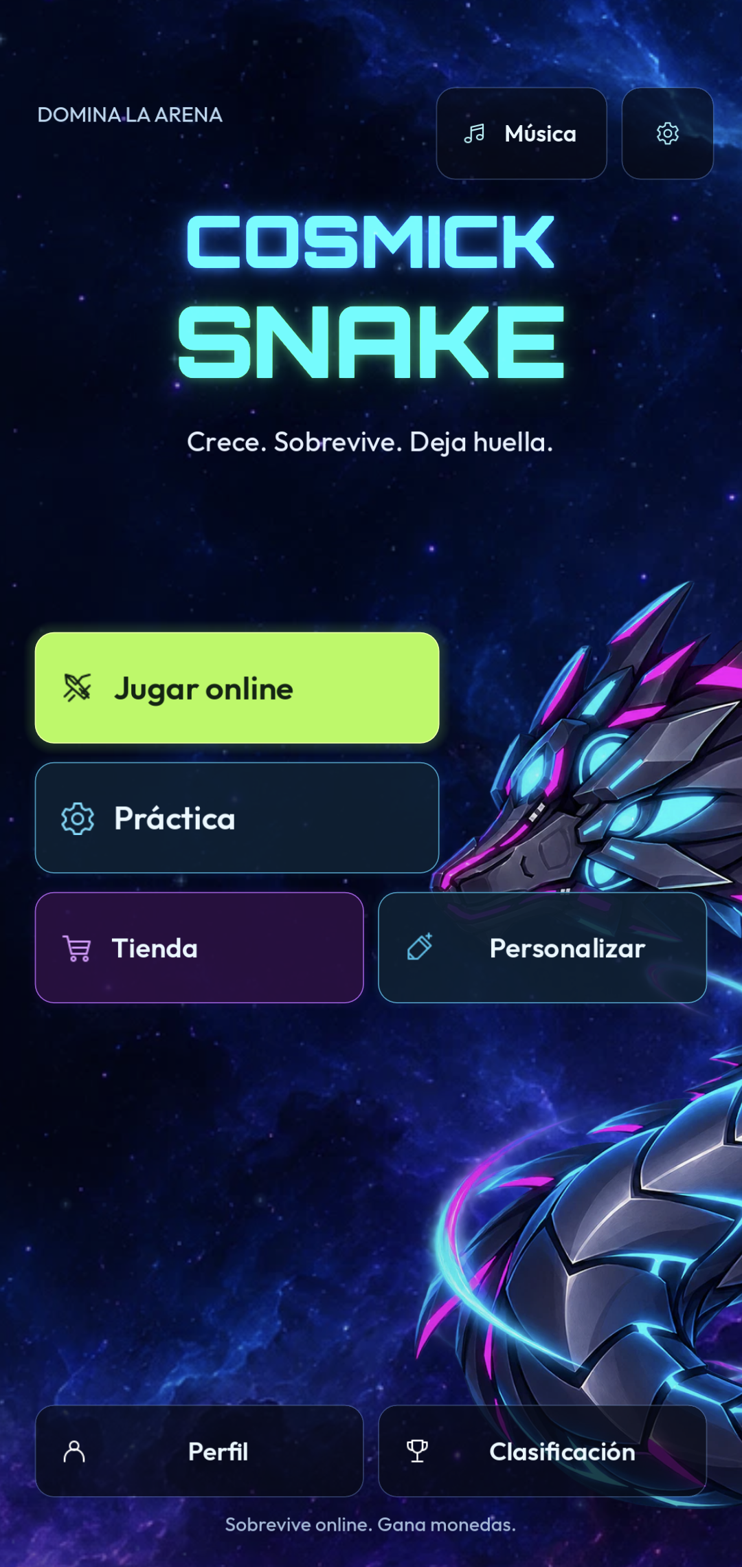 Menú de CosmickSnake en Android